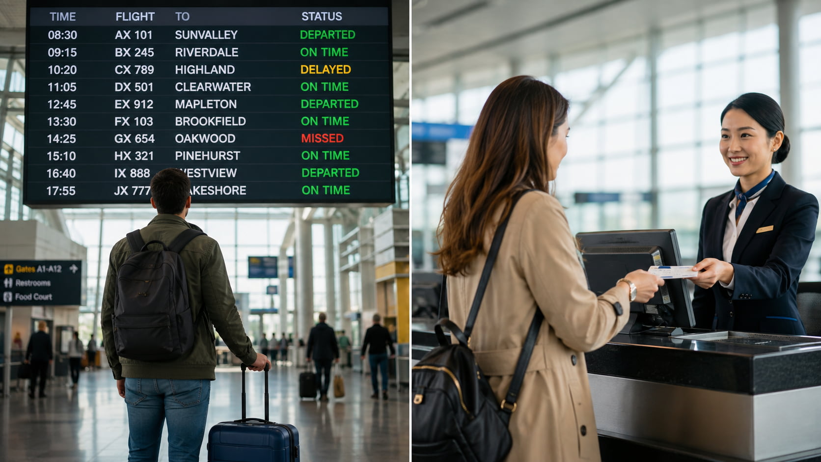 Missed flight status on airport departure board