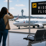 Traveler at the airport after missing an American Airlines flight looking for rebooking options.