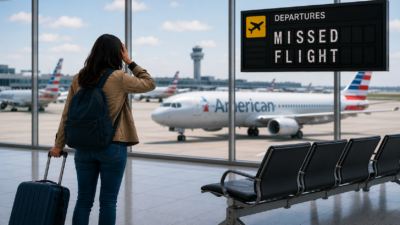 Traveler at the airport after missing an American Airlines flight looking for rebooking options.