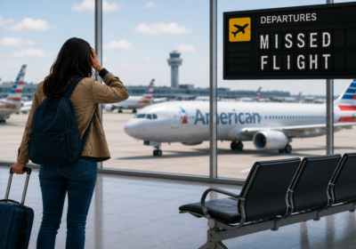Traveler at the airport after missing an American Airlines flight looking for rebooking options.