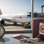 Qatar Airways missed flight scenario with luggage, boarding documents, and aircraft at the airport terminal.