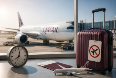 Qatar Airways missed flight scenario with luggage, boarding documents, and aircraft at the airport terminal.