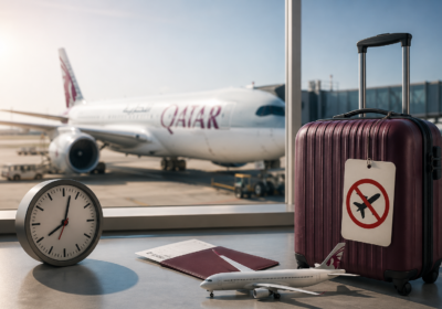 Qatar Airways missed flight scenario with luggage, boarding documents, and aircraft at the airport terminal.